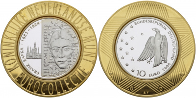 ФРГ 10 евро 2008 G, 125 лет со дня рождения Франца Кафки KM 271, DE.S. 10.36 серебро PROOF 05-141-24