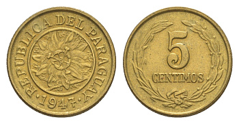 Парагвай 5 сентимо 1947 KM 21 алюминиевая бронза UNC 4636-142