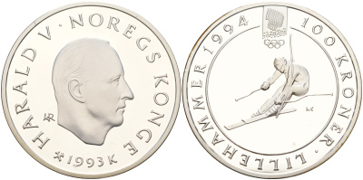 Норвегия 100 крон 1993 зимние Олимпийские игры 1994 года в Лиллехаммере, слалом KM 450 серебро  PROOF  11-234-31