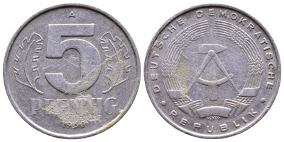 ГДР 5 пфеннигов 1968 А КМ 9.1 алюминий 4110-1762