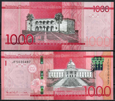 Доминиканская Республика 1000 песо 2021 национальный дворец в Санто-Доминго, дом Диего Колумба Pick 193 e  бумага  UNC (пресс) 451-658-2