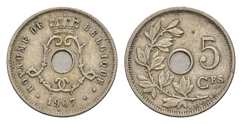 Бельгия 5 сантимов 1907 Belgique, Леопольд I (1865-1909) KM 54 медно-никель 4615-852