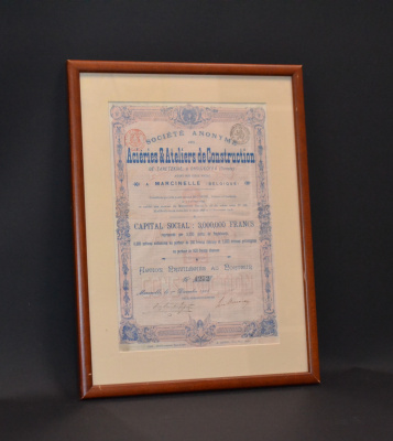 Россия (Бельгия), Акционерное общество металлургических заводов и строительных мастерских «Тарецкое» в Дружковке (Донецк) привилегированная акция 1906 в рамке со стеклом бумага 57-1-22