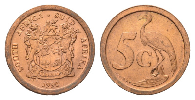 ЮАР 5 центов 1990 герб, райский журавль KM 134 сталь плакированная медью UNC 4687-143