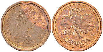 КАНАДА 1 ЦЕНТ 1984 КЛЕНОВЫЙ ЛИСТ, ЕЛИЗАВЕТА II (1953-) KM 132 бронза 39-931