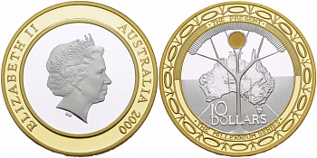 Австралия 10 долларов 2000 миллениум, серебро, позолота KM 511 биметалл PROOF 11-091-43