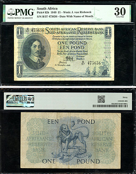 ЮАР 1 фунт 1949 Бартоломеус Вермуйден, 2 ноября 1949, английский-африкаанс, в слабе PMG 30 Very Fine Pick 92 b бумага    452-1-06