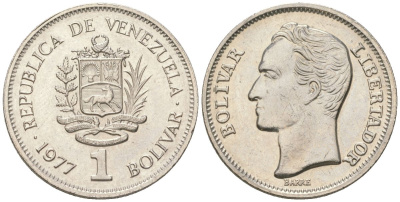 Венесуэла 1 боливар 1977 Симон Боливар KM 52, Schon 62 никель aUNC 4398-125