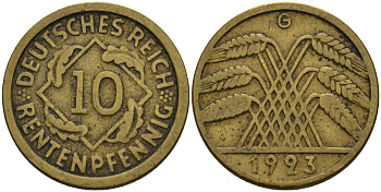 Германия 10 рентенпфеннигов 1923 G KM 33, J. 309 алюминиевая бронза 3336-525