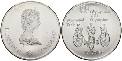 Канада 10 долларов 1974 XXI летние Олимпийские игры в Монреале 1976 года, велоспорт KM 95 серебро UNC 02-263-24