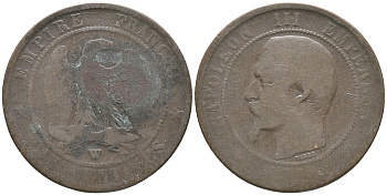 Франция 10 сантимов 1856 W, Наполеон III (1852-1870) KM 771.7, Le Franc 133.38 бронза 51-2336