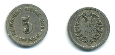 ГЕРМАНИЯ 5 ПФЕННИГОВ 1876 A, СТАРОГЕРБОВКА KM 3, J.3 медно-никель 54-357