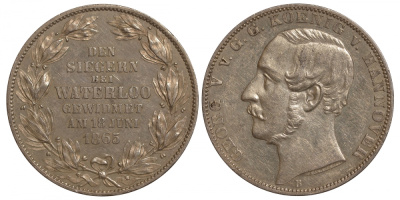 Брауншвейг-Каленберг-Ганновер 1 талер 1865 50 лет битве при Ватерлоо, монета для ветеранов KM 241, AKS. 160, Dav. 684, Kahnt 240, Thun 176 серебро 10-014-32