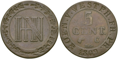 Вестфалия 5 сантимов 1809 С KM 24 медь 97-822