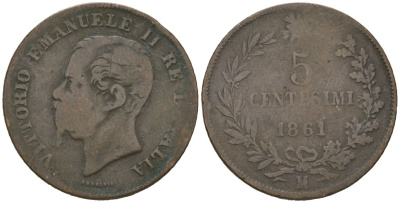 Италия 5 чентезимо 1861 M, Виктор Эммануил II (1861-1878) KM 3.2 бронза 113-145