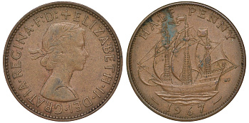 Великобритания 1/2 пенни 1967 Елизавета II (1952-2022) KM 896, Spink 4158 бронза 4681-1011