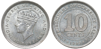 Британская Малайя 10 центов 1943 Георг VI (1937-1952) KM 4a серебро 53-239