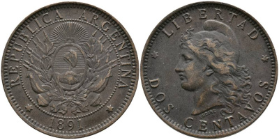 Аргентина 2 сентаво 1891 голова свободы влево KM 8 бронза 4531-1045