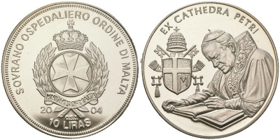 Мальтийский орден 10 лир 2004 Жизнь Папы, Иоанн Павел II - Изучение Библии, тираж 5.000 экземпляров медно-никель PROOF 1529-331