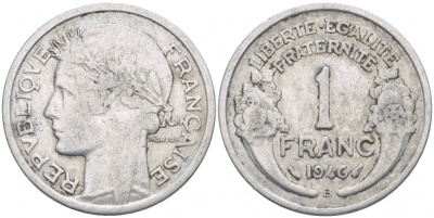 ФРАНЦИЯ 1 ФРАНК 1946 В KM 885a.2 алюминий 4546-1227