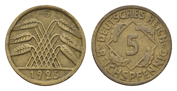 Германия 5 рейхспфеннигов 1925 G KM 39, J. 316 алюминиевая бронза 4684-221