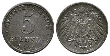 Германия 5 пфеннигов 1921 A KM 19, J. 297, Weege 5 железо 4380-161