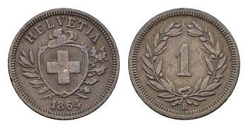 Швейцария 1 раппен 1864 B, редкий год KM 3.1 бронза 00-815-07