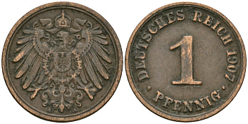 Германия 1 пфенниг 1907 A, Вильгельм II (1888-1918) KM 10, J. 10 медь 4608-113