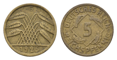 Германия 5 рейхспфеннигов 1925 G KM 39, J. 316 алюминиевая бронза 4684-221