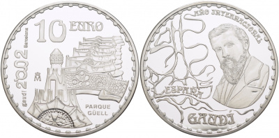 Испания 10 евро 2002 150 лет со дня рождения Антонио Гауди, Парк Гуэль KM 1084 серебро PROOF 11-163-11