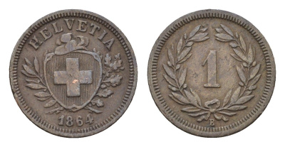 Швейцария 1 раппен 1864 B, редкий год KM 3.1 бронза 00-815-07