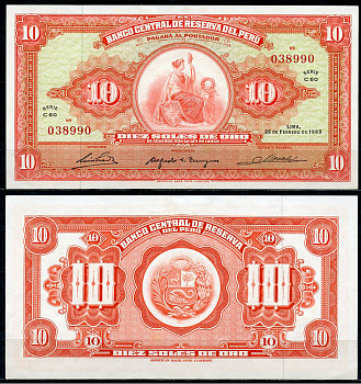 Перу 10 солей 1965 сидящая свобода, American Bank Note Company Pick 88  бумага  аUNC  3295-33-1-1