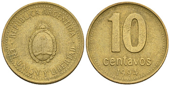 Аргентина 10 сентаво 1994 KM 107, CJ 3, Schon 110 алюминиевая бронза 4609-1252