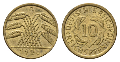 Германия 10 рейхспфеннигов 1925 A KM 40, J. 317 алюминиевая бронза aUNC 5010-1112