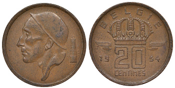 Бельгия 20 сантимов 1954 Belgie, Бодуэн I (1951-1993) KM 147.1 бронза 4164-165