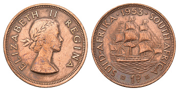 ЮАР 1 пенни 1953 Елизавета II (1952-2022), парусник KM 46 бронза 4517-1211
