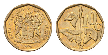 ЮАР 10 центов 1991 герб, цветок алоэ KM 135 сталь плакированная бронзой UNC 4694-641