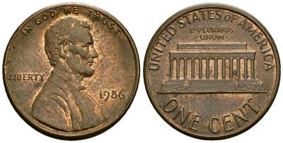 США 1 цент 1986 D, Линкольн KM 201b цинк плакированный медью 4136-323
