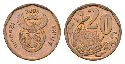 ЮАР 20 центов 2008 герб, цветок протея KM 442 сталь плакированная бронзой UNC 4687-634