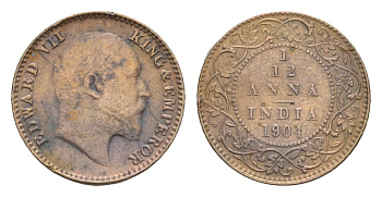 Британская Индия 1/12 анна 1904 Эдуард VII (1901-1910) KM 497 медь    4658-1115