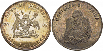 Уганда 1000 шиллингов 2002 гориллы Африки медно-никель, посеребренее PROOF 5010-123