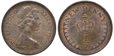 Великобритания 1/2 пенни 1977 Елизавета II (1952-2022) KM 914, Spink 4239 бронза 72-1637