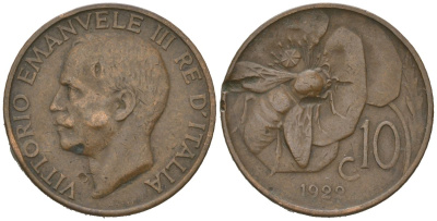 Италия 10 чентезимо 1922 R, Виктор Эммануил III (1900-1946) KM 60 медь 113-253