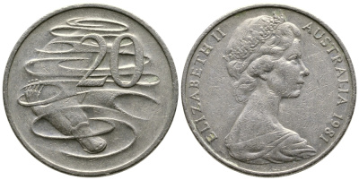 Австралия 20 центов 1981 Елизавета II (1952-2022), утконос KM 66 медно-никель 84-1024
