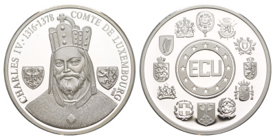 Люксембург 1 экю ND (1993) Карл IV, с сертификатом подлинности X 40 серебро PROOF 1083-5-42