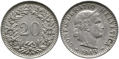 ШВЕЙЦАРИЯ 20 РАППЕНОВ 1945 В KM 29а медно-никель 4539-545