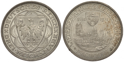 Германия 3 марки 1931 A, 300-летие восстановления Магдебурга J. 347, KM 72 серебро UNC 00-814-76