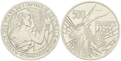 Центральноафриканский Валютный Союз (BEAC) 500 франков 1976 D (Габон), PROBA, ESSAI, пробная монета KM E9 никель UNC 3711-134