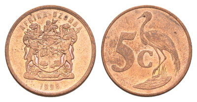 ЮАР 5 центов 1998 герб, райский журавль KM 160 сталь плакированная медью UNC 4621-622