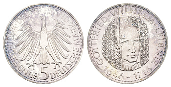 ФРГ 5 марок 1966 D, 250 лет со дня смерти Готфрида Вильгельма Лейбница KM 119, J. 394 серебро PROOF 413-5011